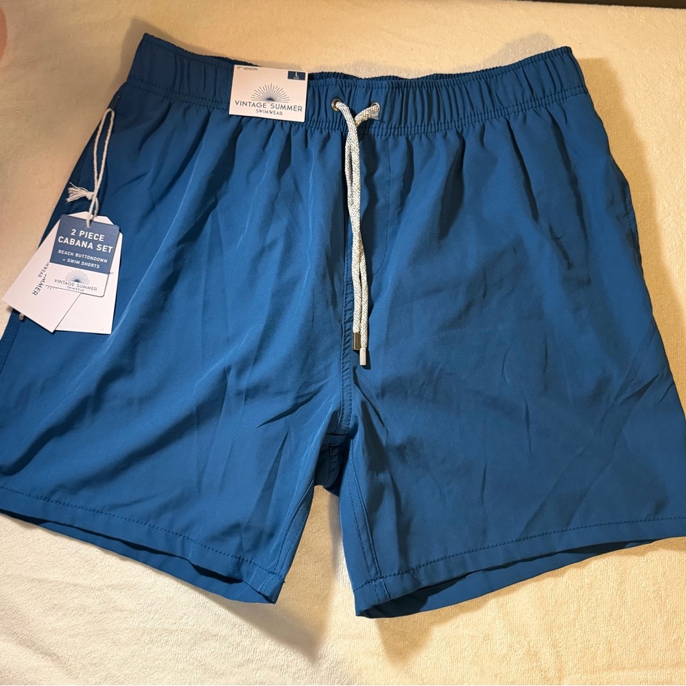 NWT Vintage Summer Swimwear Men's Swim Trunk Shorts Blue Size L Nautical Beach